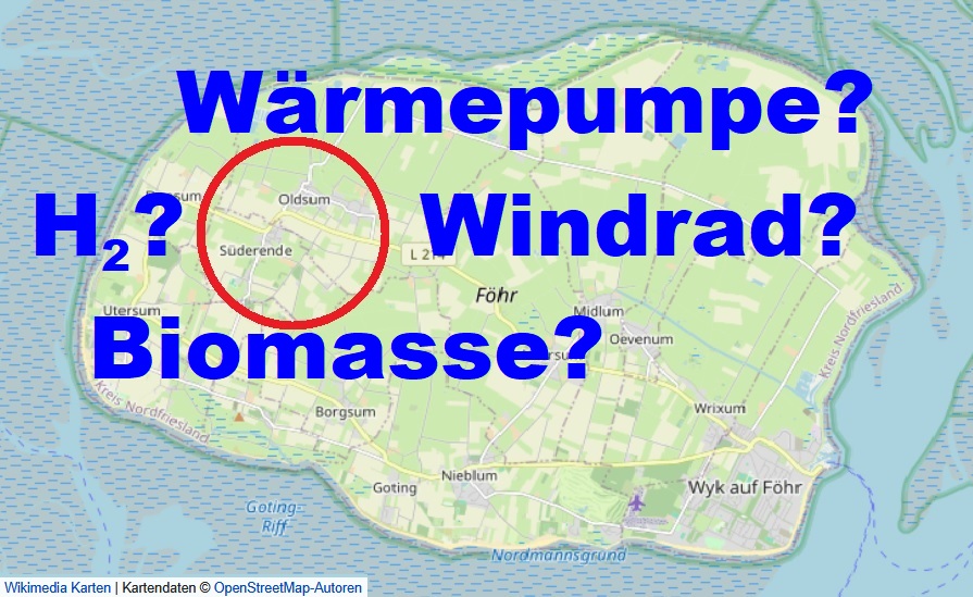 Auf der Openstreetmap-Karte von Föhr ist der Bereich um Oldsum und Süderende mit einem roten Kreis gekennzeichnet. Darum herum stehen die folgenden Begriffe: Wärmepumpe? H2? Windrad? Biomasse?
