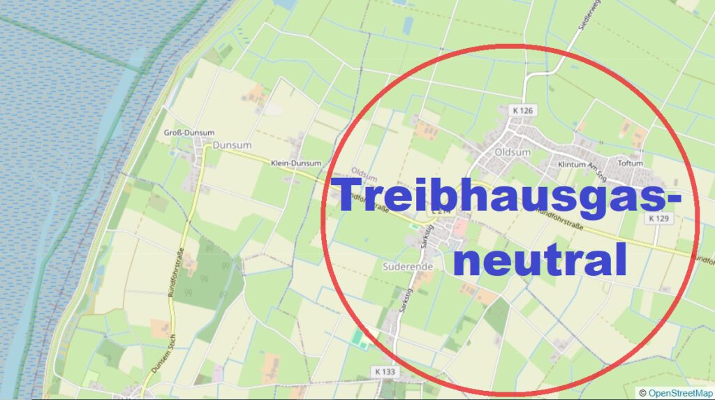 Eine Karte von OpenStreetMap zeigt einen Zeil von Föhr. Um Oldsum und Süderende ist ein roter Kreis gezogen, in dem "Treibhausgasneutral" steht.