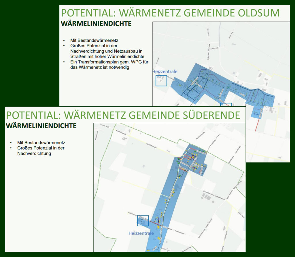 Zwei Ausschnitte aus Präsentationsfolien. Eine zeigt einen Plan der Wärmeleitdichte für Oldsum, eine einen für Süderende. Textauszug: Großes Potenzial in der Nachverdichtung